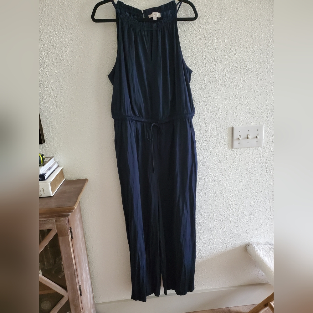 Loft  jumpsuit navy feminine details Wideleg flowy elastic waist size Large